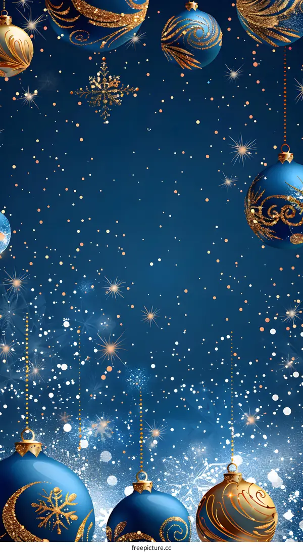 Blue Christmas ornaments hanging from the top with snowflakes on a blue background with falling snow.