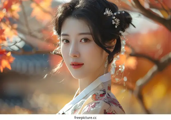Portrait of a beautiful young Korean woman in traditional Korean dress, or Hanbok, with autumn leaves in the background