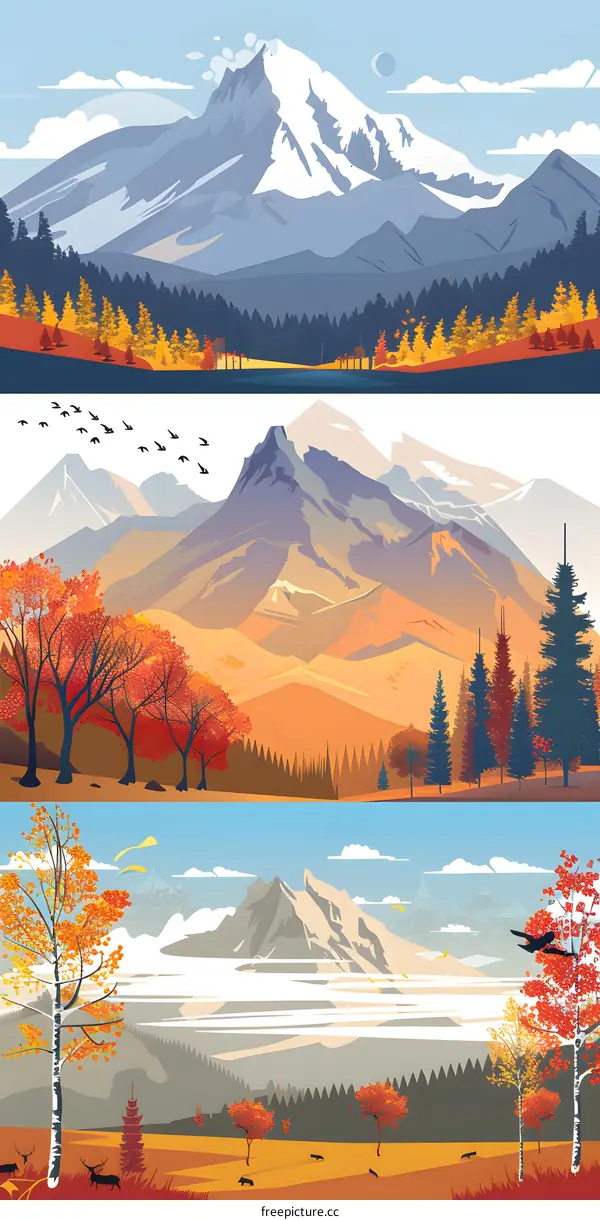 Autumn Landscape With Mountain, Forest, and Deer