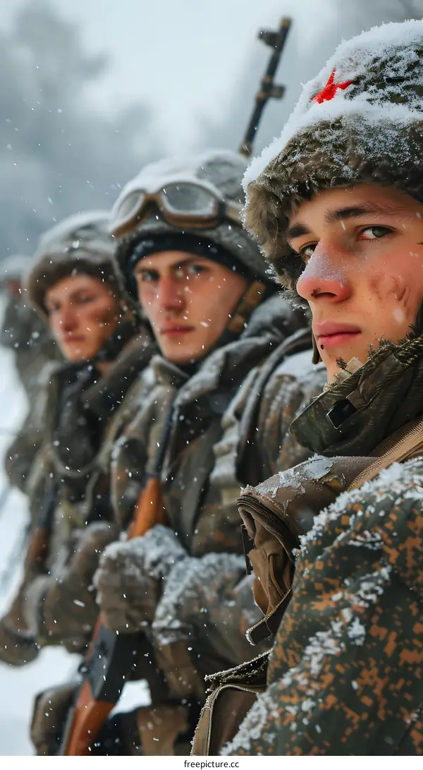 Three soldiers in winter gear standing in a snowy forest