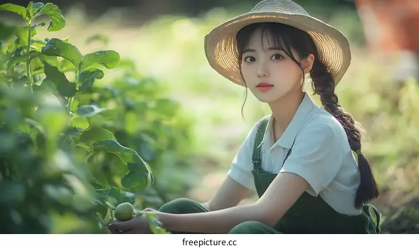 Young Woman Harvesting in a Green Field