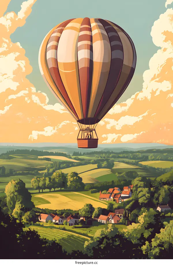 Hot Air Balloon Ride Over Countryside Village