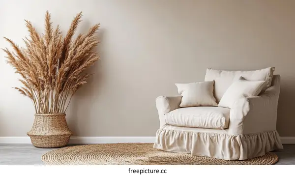 Beige Living Room with Rattan Basket and Armchair