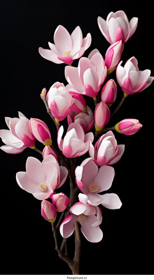 Light pink magnolia flowers on a dark background