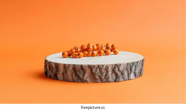 Orange Berries Displayed on Wooden Slice