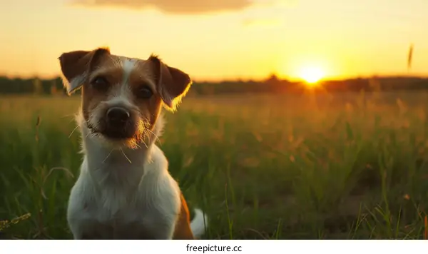 A cute dog looking at the camera with the sunset in the background