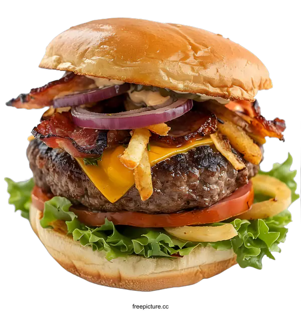 [Transparent Background PNG]Close Up of A Juicy Cheeseburger with Bacon and Fries