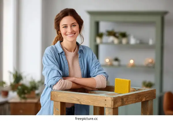 A Young Woman Leaning on a Wooden Table with Crossed Arms