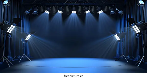 Stage Lighting with Blue Curtains and Spotlights