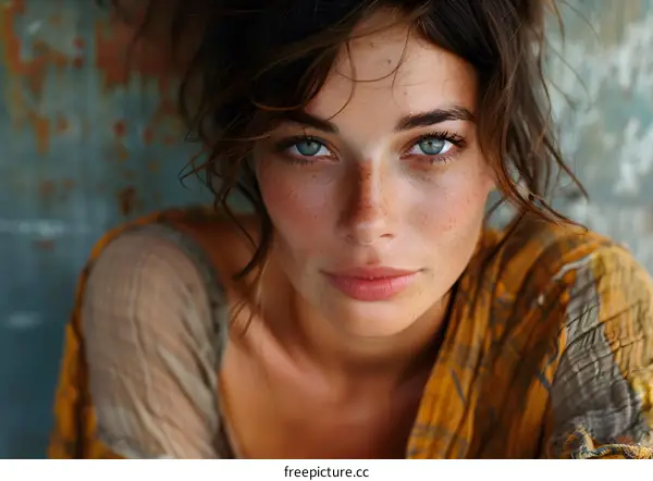 Portrait of a young woman with freckles on her face