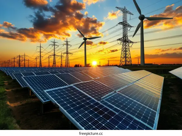 Sunset over Renewable Energy Farm