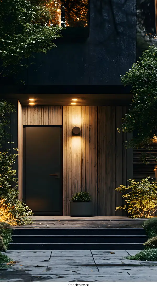 Modern House Entrance with Wooden Wall and Green Plants
