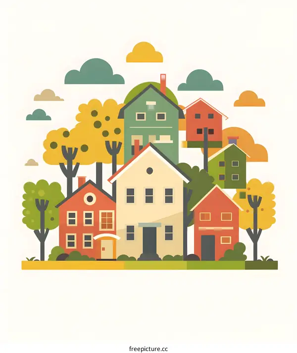 Colorful Illustration of a Small Town with Houses and Trees