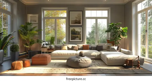 A light-filled living room featuring a cozy sofa and large windows