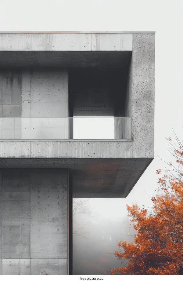 Modern gray building exterior with large window and balcony