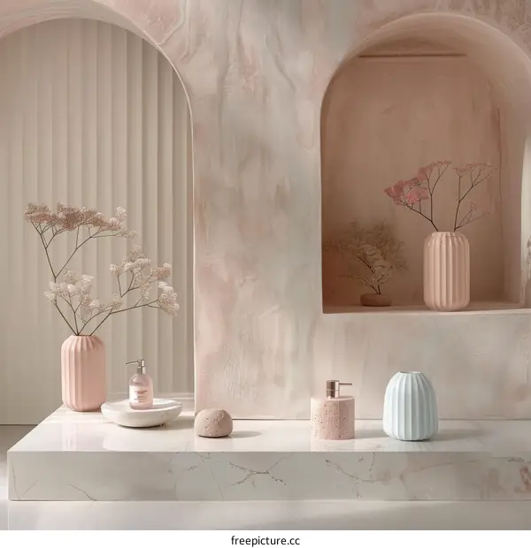 Pastel Bathroom with Marble Vessel Sink and Niche