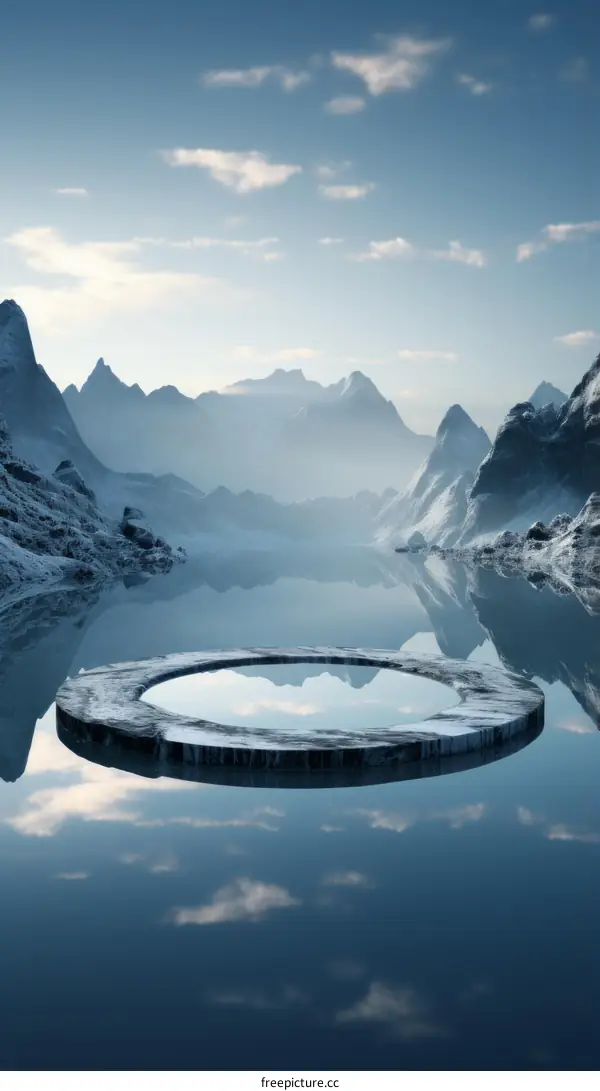 Fantasy landscape with floating stone platform in the middle of a lake surrounded by snow capped mountains