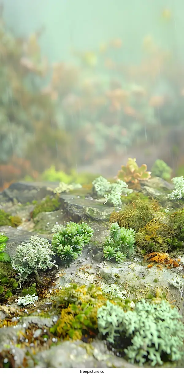 Green Mossy Rocks in Rain