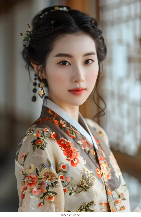 Beautiful Korean Woman Wearing Traditional Hanbok Dress