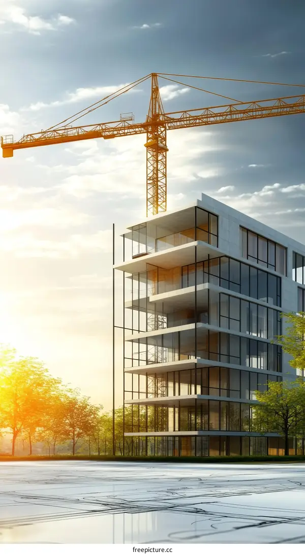 Modern Construction of a Skyscraper at Sunrise