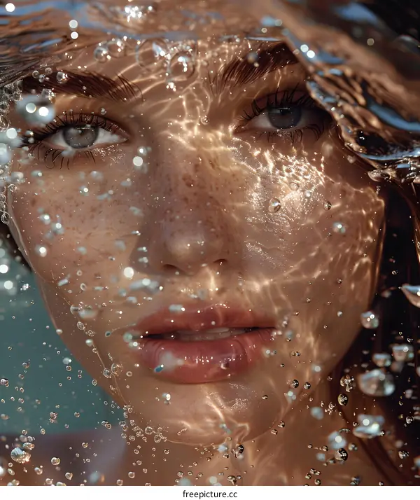 Woman with Freckles Underwater with Water Droplets