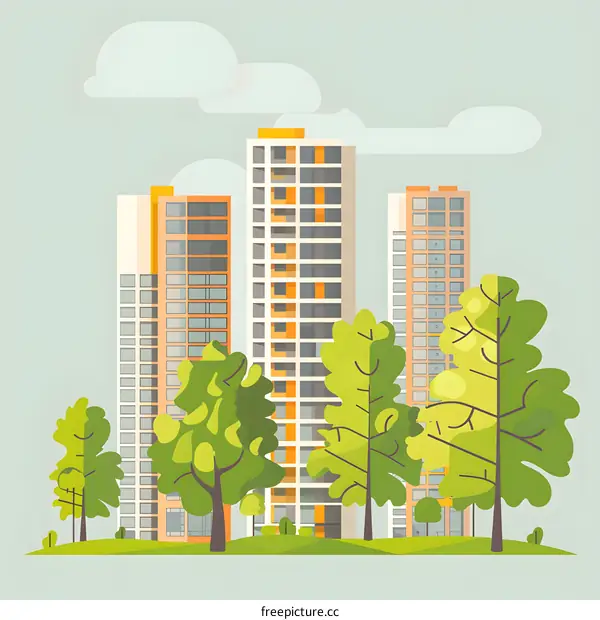 Modern City Buildings with Green Trees Illustration