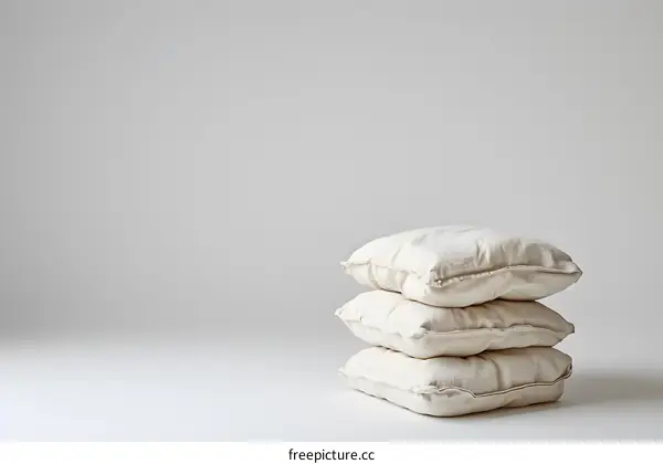 Three cream-colored pillows stacked on a white background