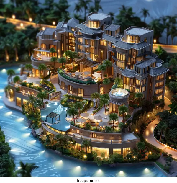 Luxury Resort Architectural Model at Night