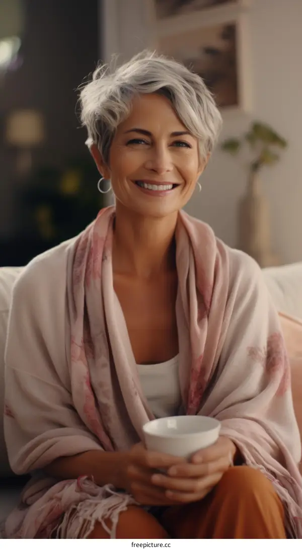 Portrait of a smiling woman with grey hair holding a cup of tea