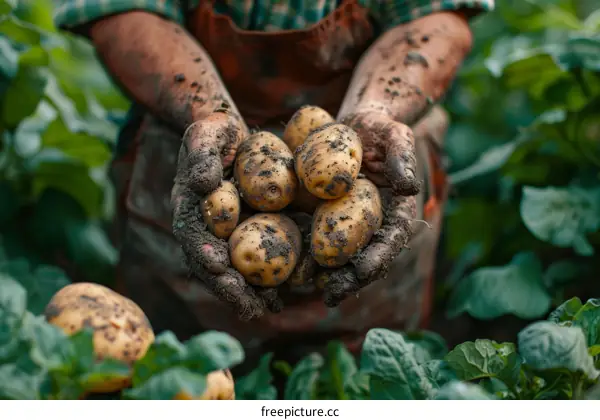 Farmer holding a handful of freshly harvested potatoes