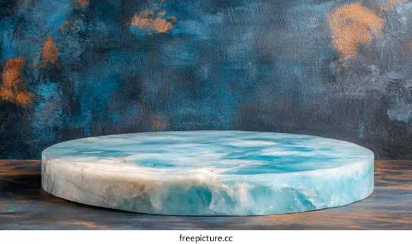 Round Blue Stone Display Stand Against a Dark Background