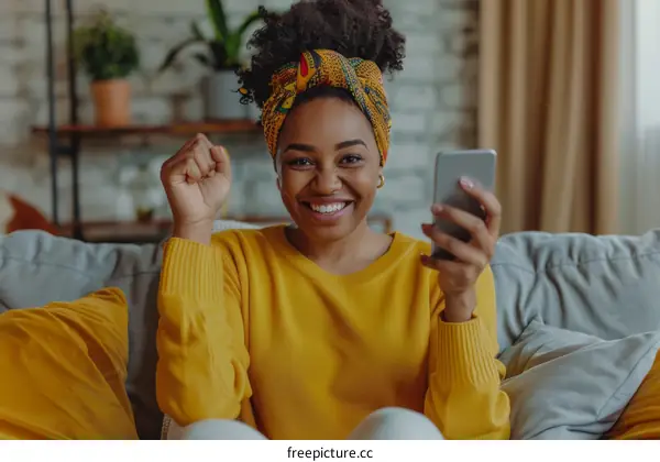 A young African-American woman celebrates good news on her phone