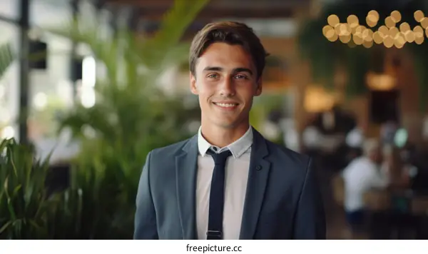 Portrait of a young businessman smiling in a restaurant