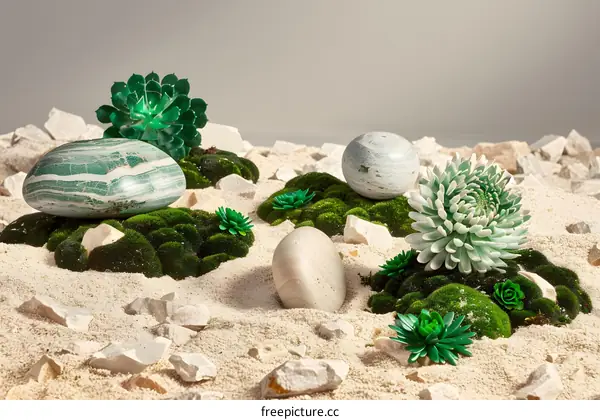 Green Plants and Stones on White Sand Background