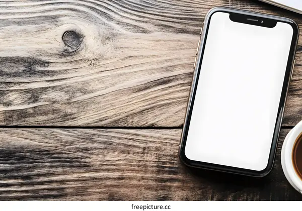 Top View Of Mobile Phone On Wooden Table