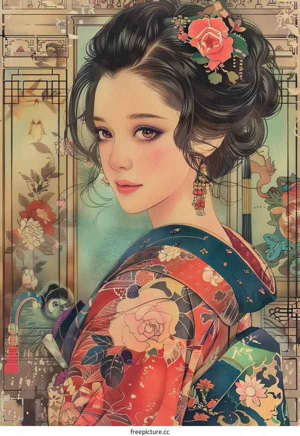 Illustration of a Japanese Woman in Kimono with a Fan