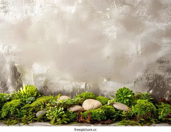 Green Moss and Stones Against a Grey Wall