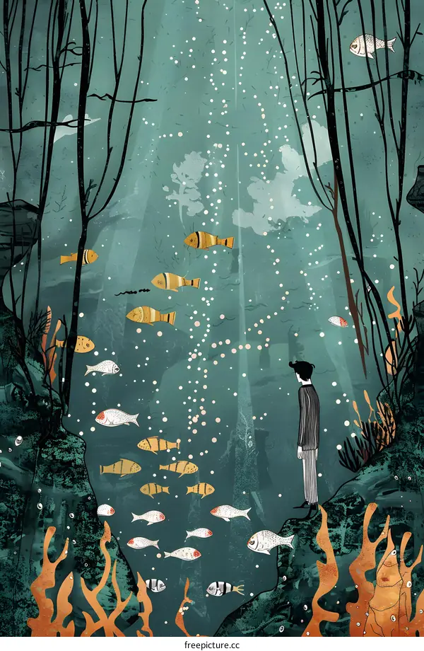 Man Looking At A School Of Fish Under The Sea