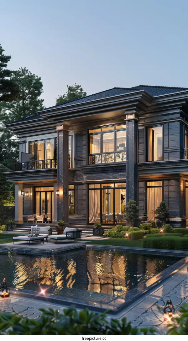 Luxury Mansion with Swimming Pool at Dusk