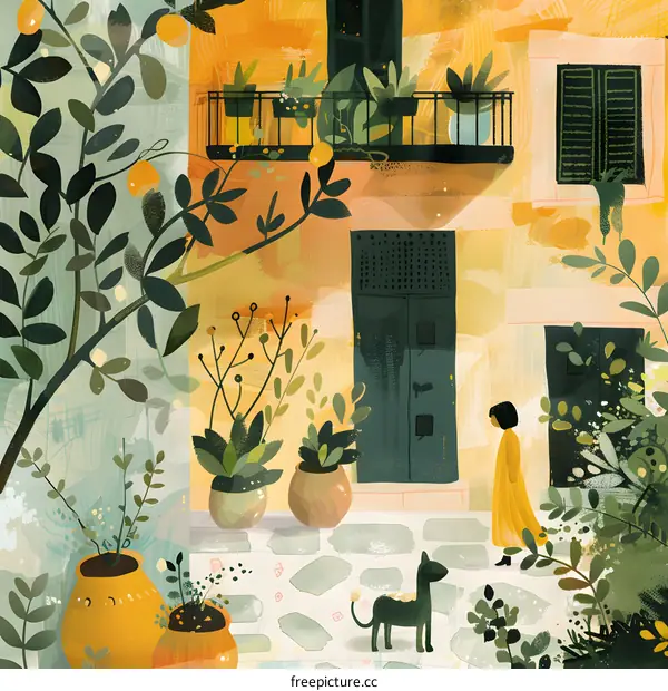 Yellow House with Green Plants and a Woman Walking