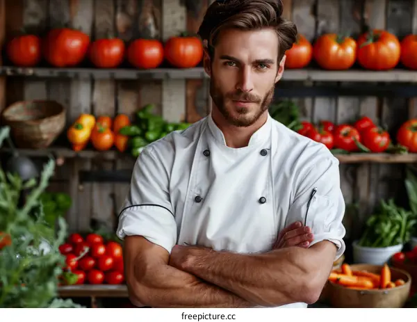 Portrait of a male chef standing in front of a wooden shelf with fresh vegetables