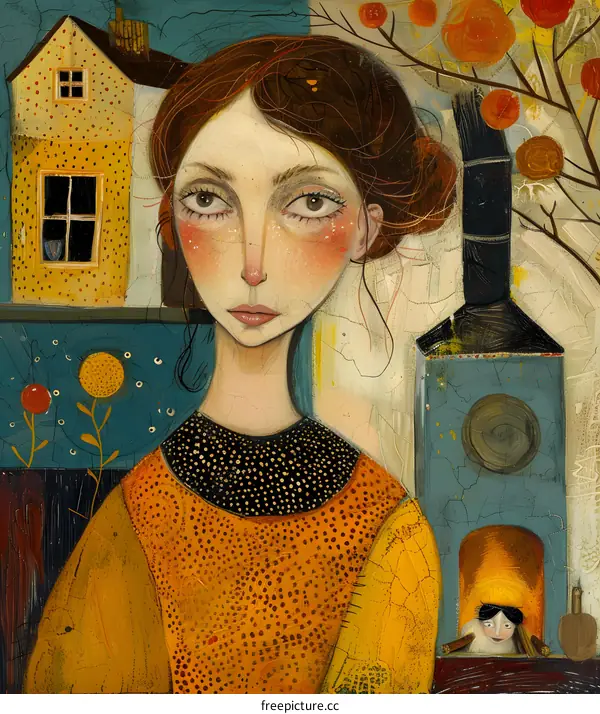 Woman in a Yellow Dress Stands by a Fireplace