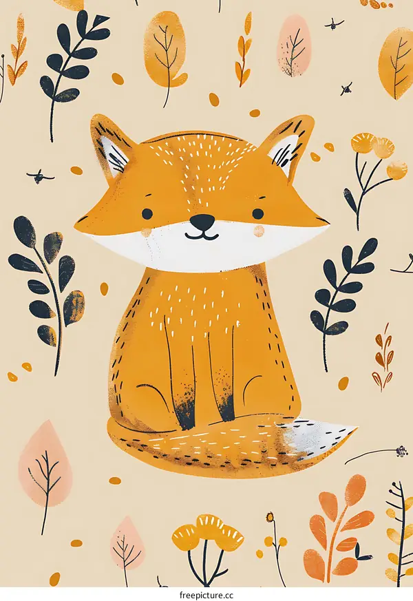 Cute Orange Fox with Autumn Leaves Illustration