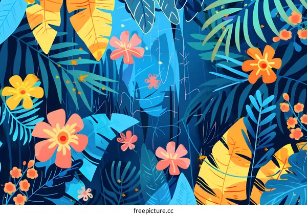 Tropical Leaves and Flowers Illustration