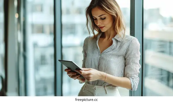 Business Woman Using Digital Tablet by Large Window