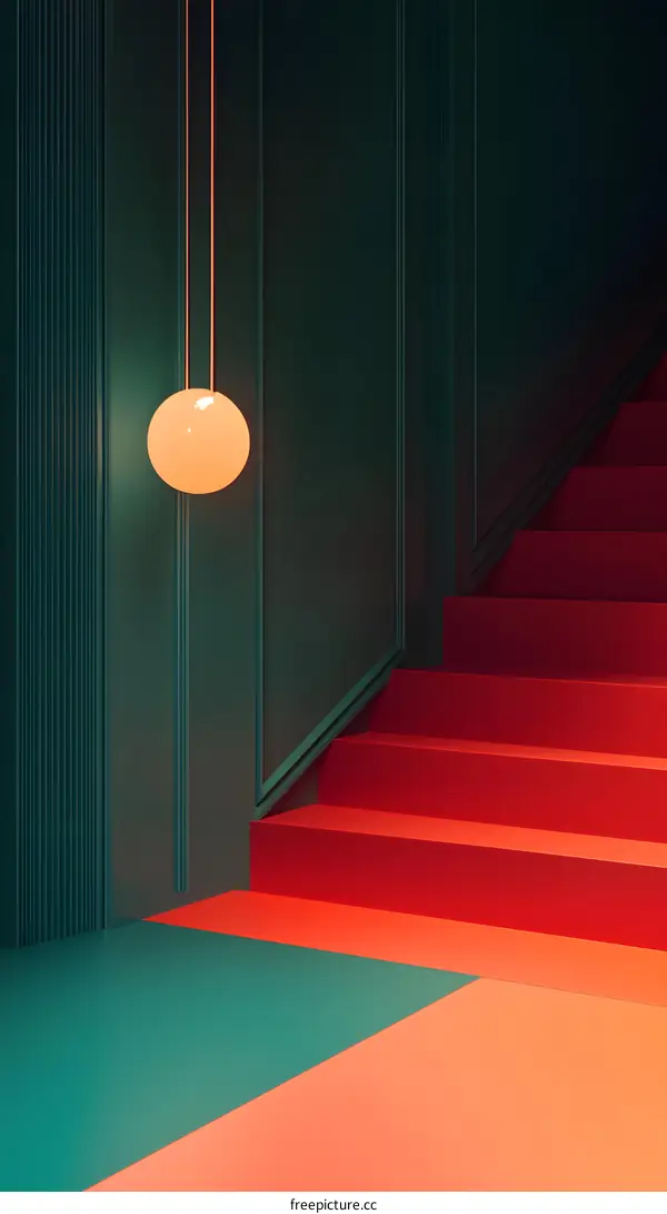 Modern Minimalist Interior Design With Green Wall and Red Stairs