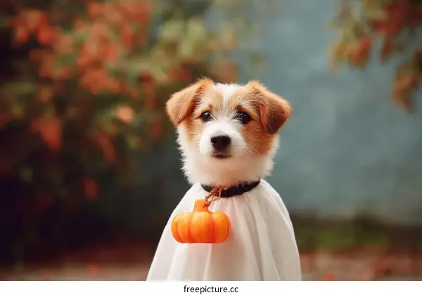 Cute Dog Dressed in Ghost Costume for Halloween