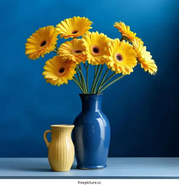Yellow gerbera daisies in a blue vase