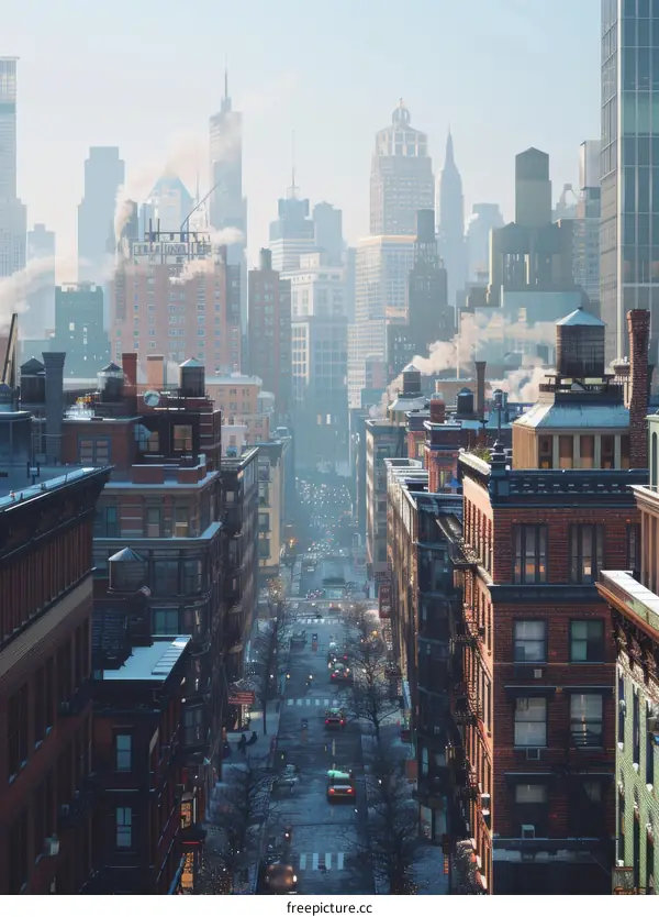Snowy Cityscape with Tall Buildings
