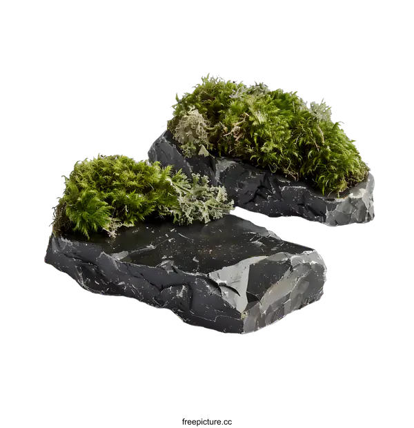 [Transparent Background PNG]Green Moss on Black Slate Rocks